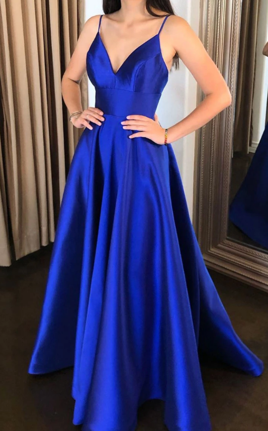 Einfaches langes Ballkleid aus blauem Satin mit V-Ausschnitt, blaues Abendkleid cg5007