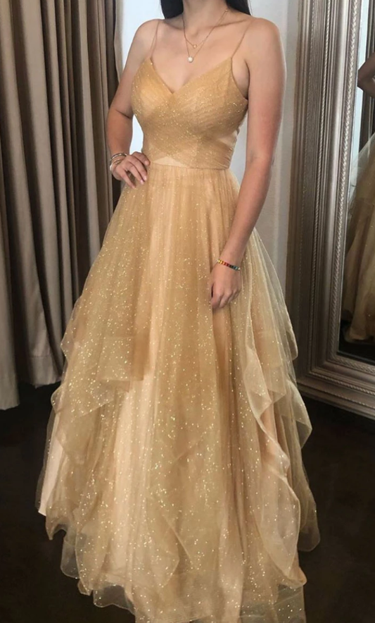Champagner Tüll langes Ballkleid Champagner Tüll Abendkleid cg5008