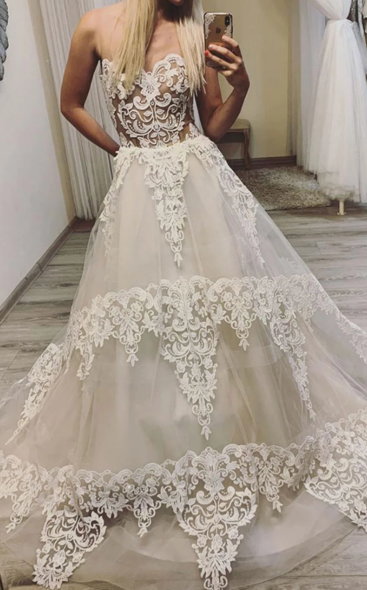 Helles Champagner Tüll Spitze langes Ballkleid Spitze Abendkleid cg5011