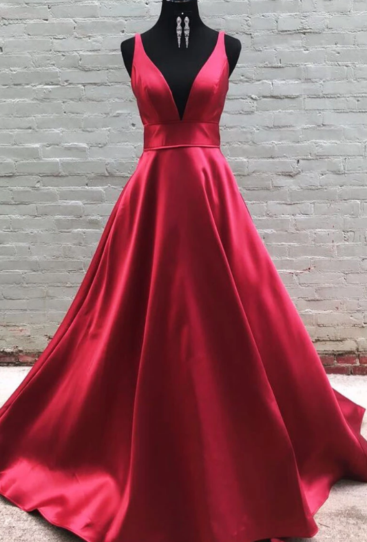 Einfaches langes Ballkleid aus burgunderrotem Satin mit V-Ausschnitt, burgunderrotes Abendkleid cg5012
