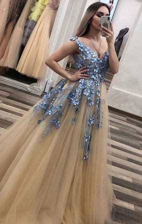 Champagner V-Ausschnitt Tüll Spitze langes Ballkleid Champagner Abendkleid cg5013