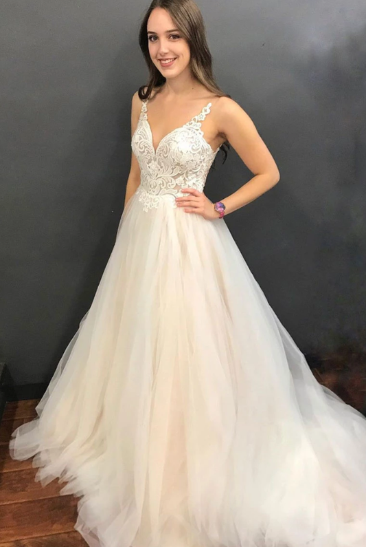 Helles Champagner-Tüll-Spitzen-Langballkleid, Tüll-Abendkleid cg5015
