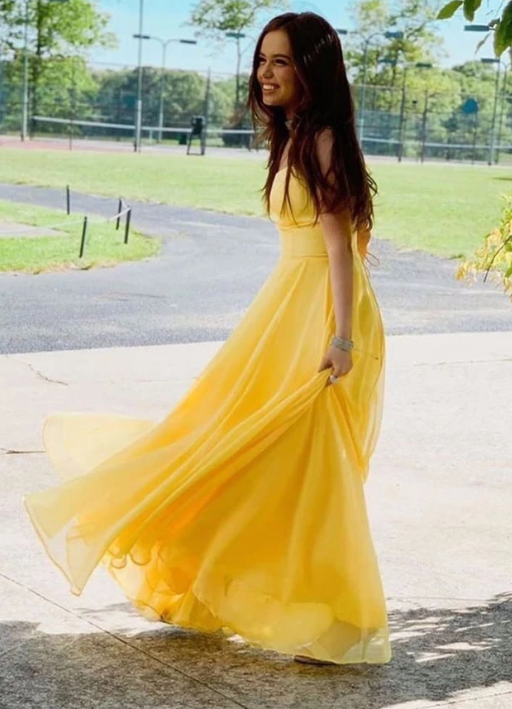 Einfaches langes Ballkleid aus gelbem Chiffon, gelbes Abendkleid cg5016