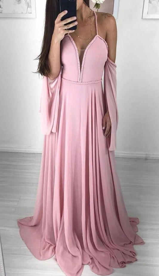 Rosa Chiffon-Langballkleid mit Herzausschnitt, rosa Abendkleid cg5017