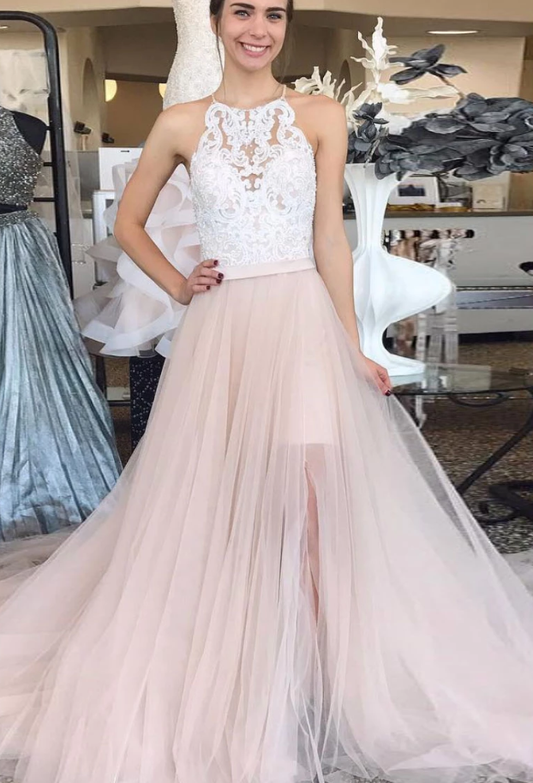 Champagner Tüll Spitze langes Ballkleid, Champagner Abendkleid cg5019
