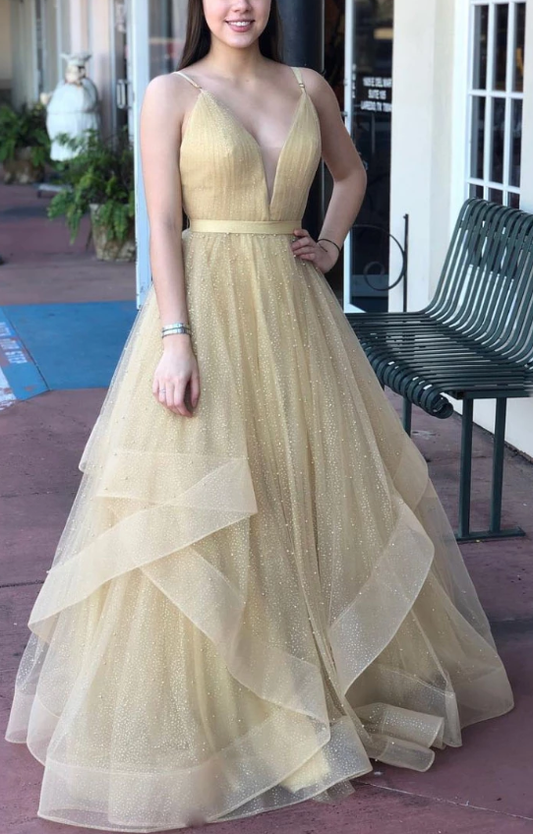 Champagnerfarbenes langes Ballkleid aus Tüll mit V-Ausschnitt, Champagnerfarbenes Abendkleid aus Tüll cg5021