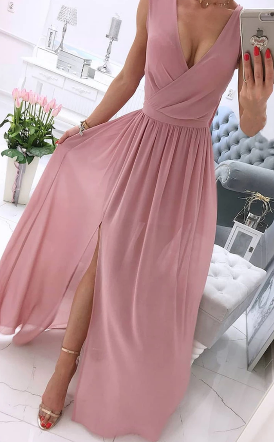 Einfaches Chiffon-Rosa-Langballkleid, Rosa-Abendkleid cg5024