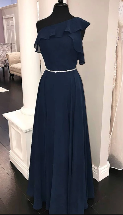 Schlichtes Chiffon dunkelblaues langes Ballkleid, Brautjungfernkleid cg5037