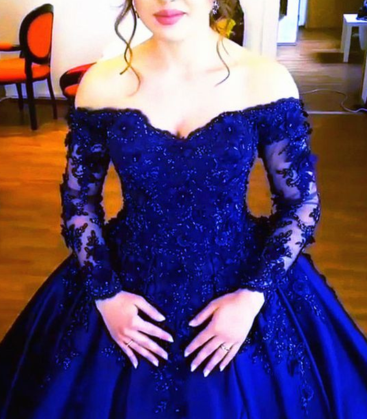 Königsblaue Spitze mit langen Ärmeln V-Ausschnitt aus Satin Schulterfrei Brautkleider Ballkleider Ballkleid cg5045