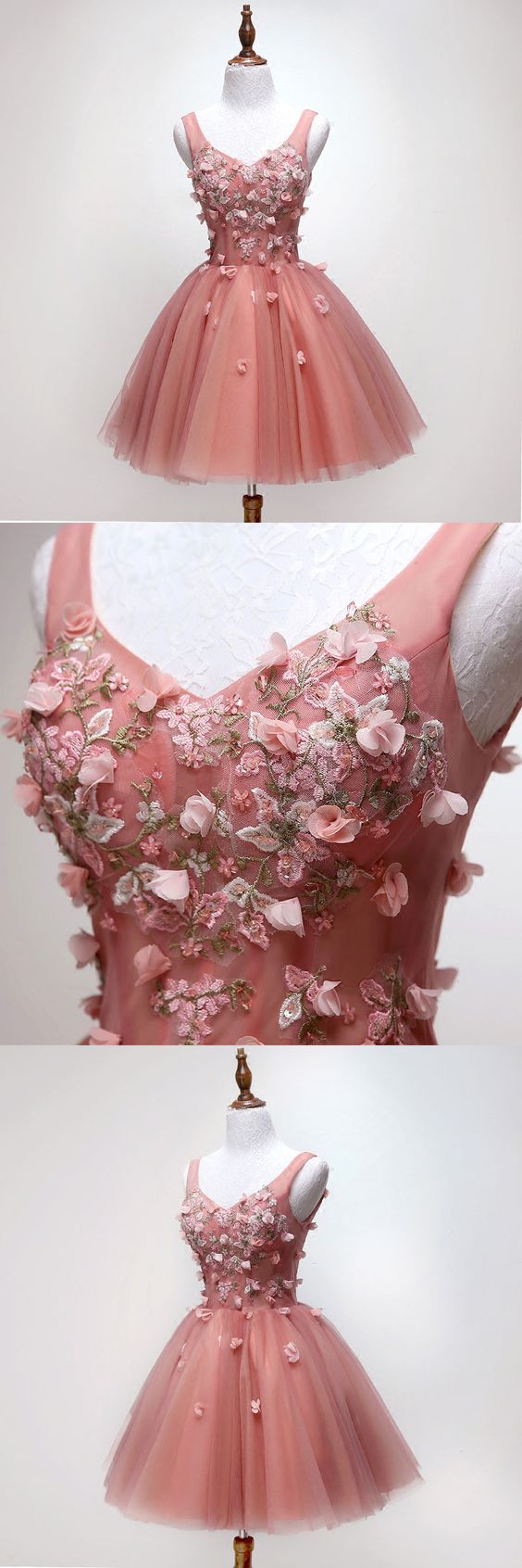 Rosa Tüll Spitze kurzes Partykleid, V-Ausschnitt Homecoming Kleid, Abendkleid cg5053