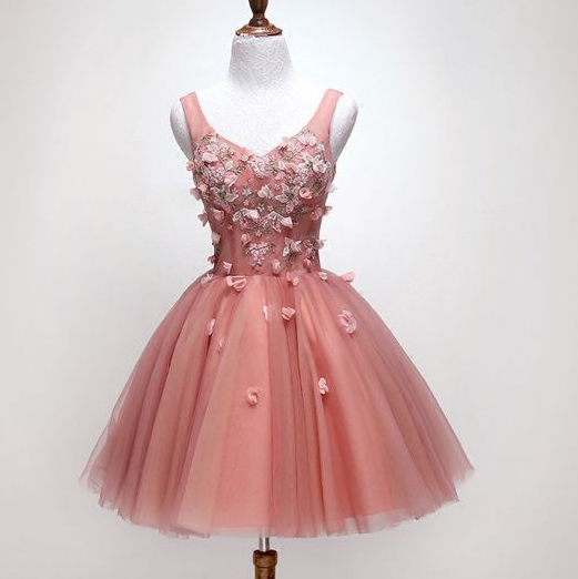 Rosa Tüll Spitze kurzes Partykleid, V-Ausschnitt Homecoming Kleid, Abendkleid cg5053