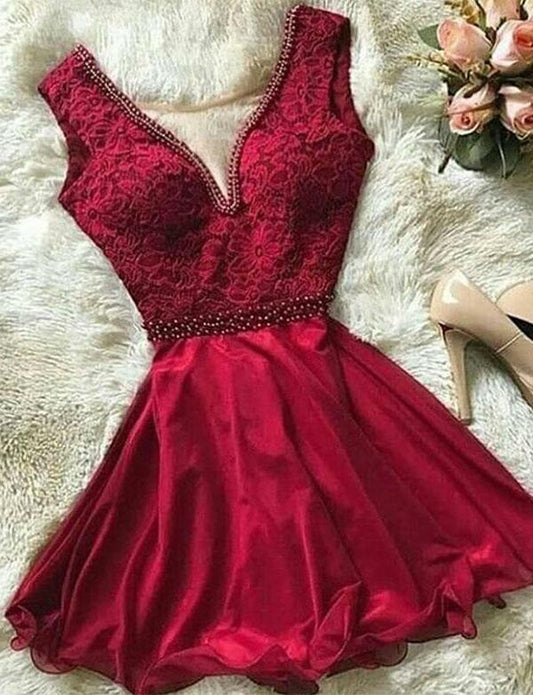 Tiefes V-Ausschnitt Rotes kurzes Homecoming-Kleid mit Perlenapplikationen cg506
