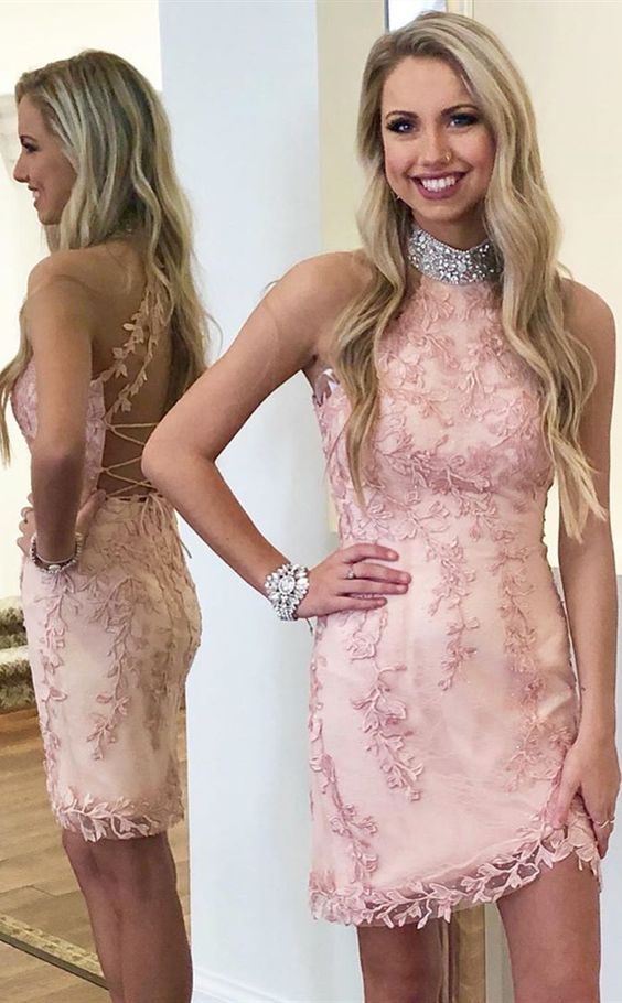 Rosa kurze Homecoming-Kleider aus Spitze, sexy kurze Partykleider, schlichte Hoco-Kleider mit Bindebändern am Rücken, cg5065