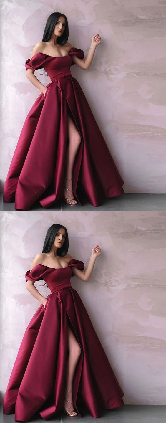 Simple burgundy satin long prom dress burgundy evening dress cg5075