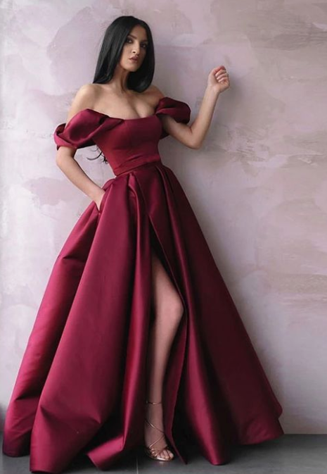 Simple burgundy satin long prom dress burgundy evening dress cg5075