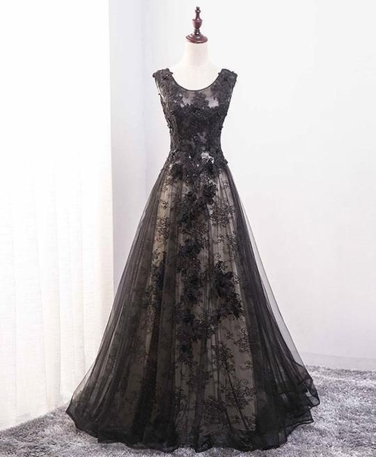 Elegant Black Lace Scoop A-line Floor Length Party prom Dress, Black Formal Dress cg5081