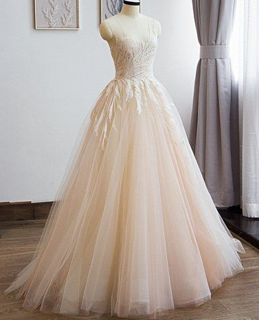 Champagner Tüll Rundhals Perlen Spitze Langes Abschlussballkleid cg5089