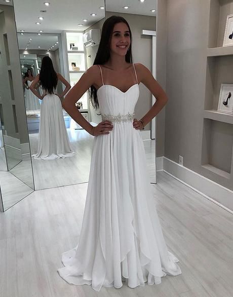 schlichtes weißes Chiffon Spaghettiträger günstiges langes Ballkleid cg5094