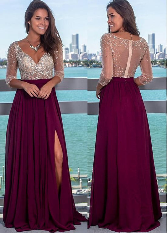 Wunderschönes A-Linien-Ballkleid aus Tüll und Seidenchiffon mit V-Ausschnitt, Perlen und Schlitz, cg5095
