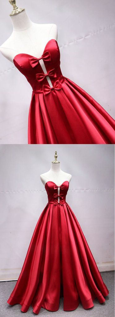 Sweetheart Neck Red Satin Lace Up Long Prom Dress With Bowknot cg5099