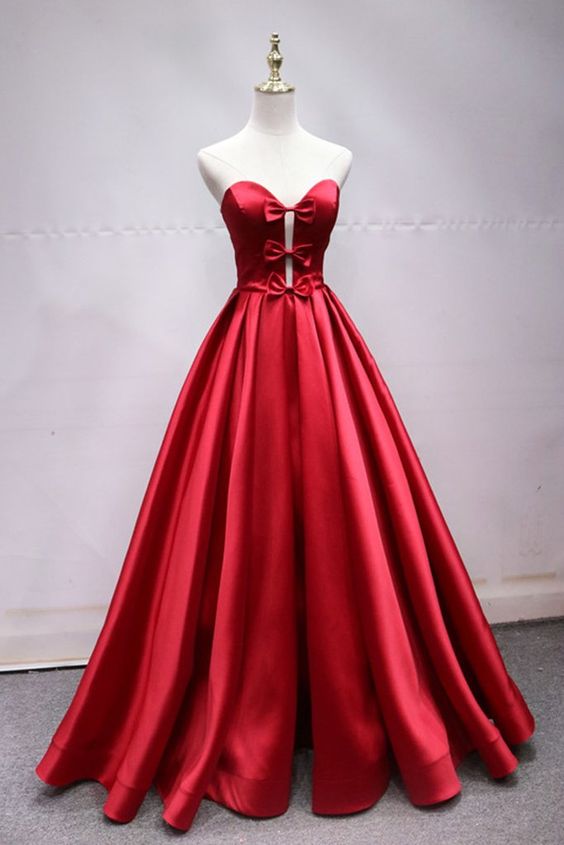 Sweetheart Neck Red Satin Lace Up Long Prom Dress With Bowknot cg5099