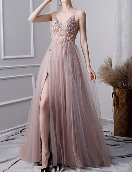 langes Tüll-Ballkleid mit Schlitz, Perlenbesatz und V-Ausschnitt, formelles Abendkleid cg5102