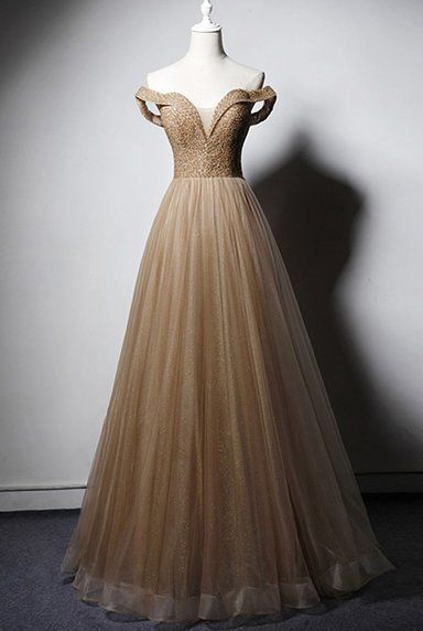 Tief Champagner Off Shoulder Kristall Perlen Langes A-Linie Ballkleid cg5113