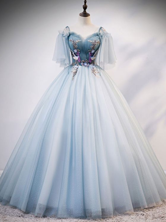Blue tulle lace long prom dress, evening dress cg5243