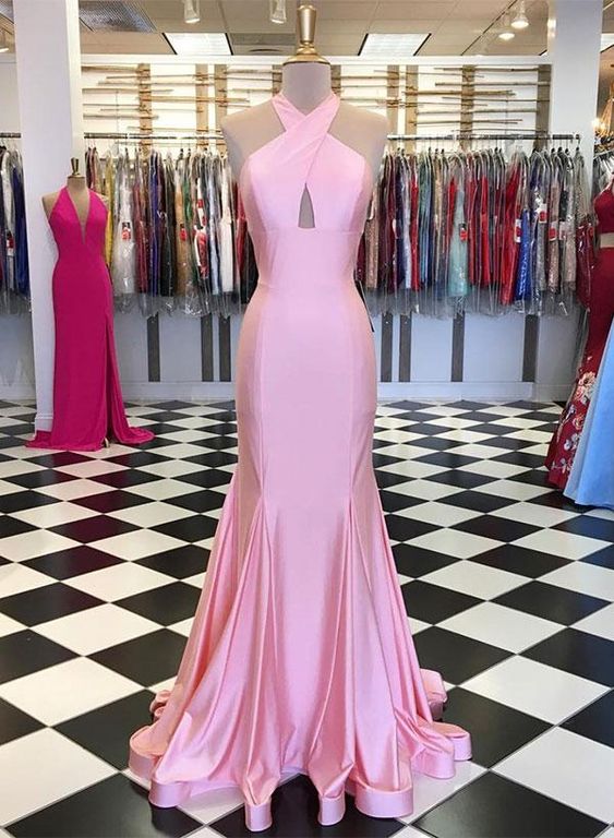 Schulterfreies Meerjungfrau-Ballkleid aus rosa Satin, cg5296