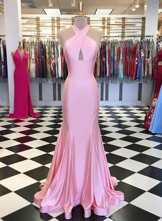 Schulterfreies Meerjungfrau-Ballkleid aus rosa Satin, cg5296