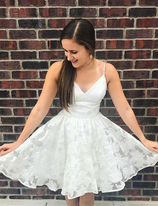 A-Linie Spaghettiträger Weiß Tüll Kurzes Homecoming-Kleid cg534