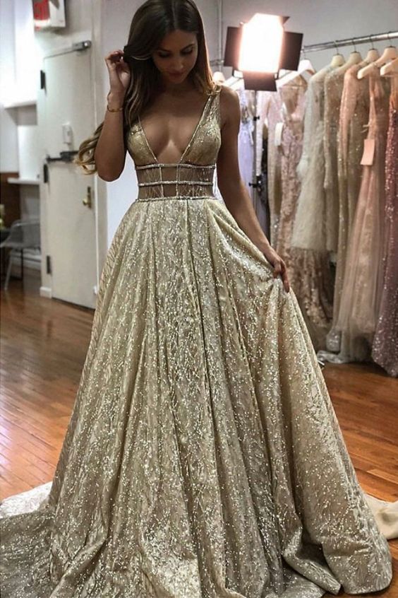 Sexy Deep V Neck Champagne Party prom Dress cg5342