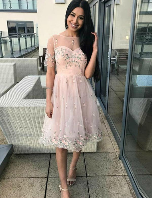 A-Linie Rundhalsausschnitt Kurze Ärmel Rosa Tüll Homecoming Partykleid mit Stickerei, billiges Homecoming-Kleid cg535