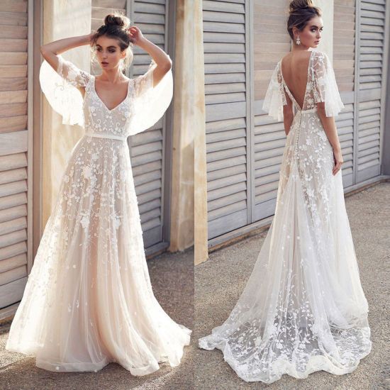 Sexy Frauen V-Ausschnitt Kurzarm Spitze Vintage Hochzeit Ballkleid Abend Party Kleid cg5414