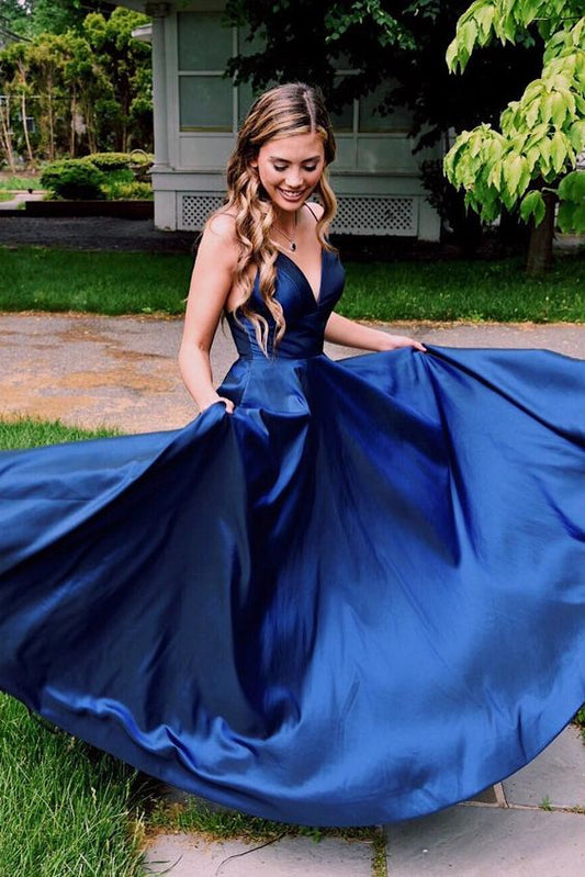 Einfache Träger A-Linie blau Langes Ballkleid cg553