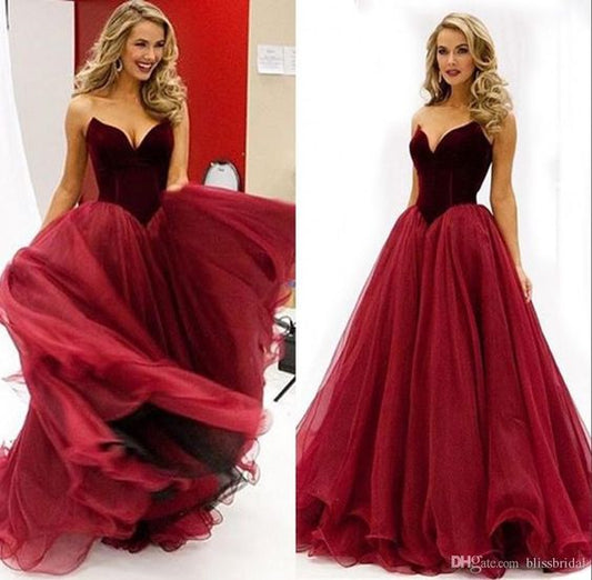 Vintage Dunkelrot Wein Ballkleider Organza Schatz A-Linie Prinzessin Royal Party Kleider Einfache Maßgeschneiderte Abendkleider cg554