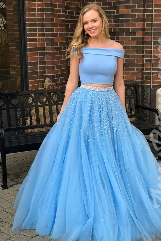 Zweiteiliges schulterfreies, rückenfreies blaues Ballkleid mit Perlenbesatz cg555