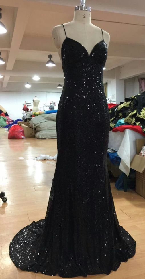 V-Ausschnitt Criss-Cross Rückenfrei Bling Bling Meerjungfrau Ballkleid schwarz Pailletten Abendkleider cg5563