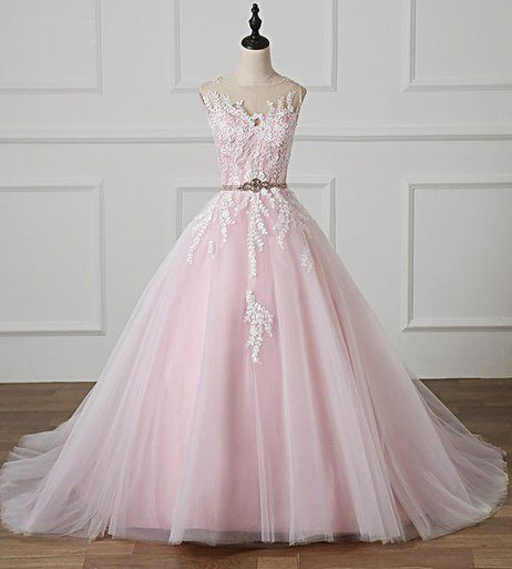 Hellrosa U-Ausschnitt Spitzenapplikation Formales Ballkleid, Perlenbesetztes Hochzeitskleid cg5574