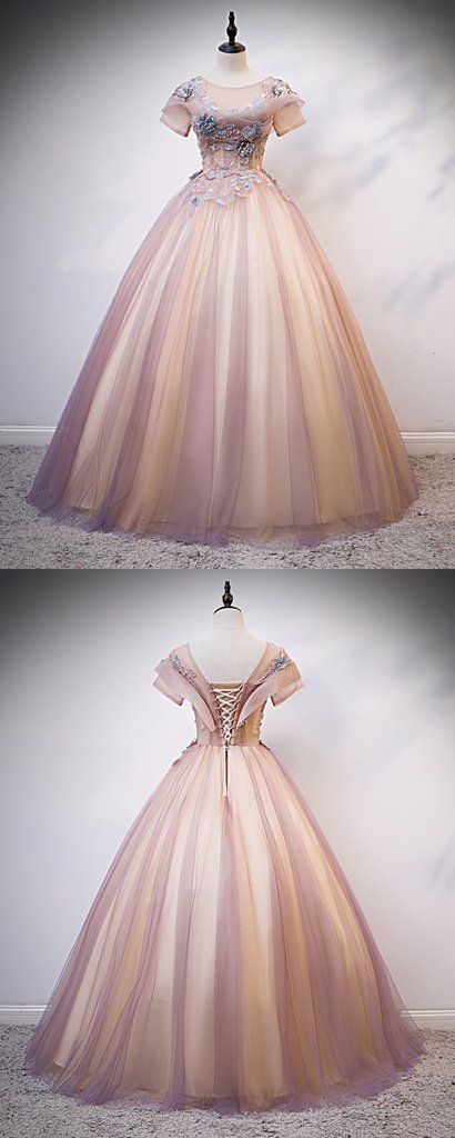 Pink Tulle Round Neck Sequins Long Formal Prom Dress With Sleeve cg5576