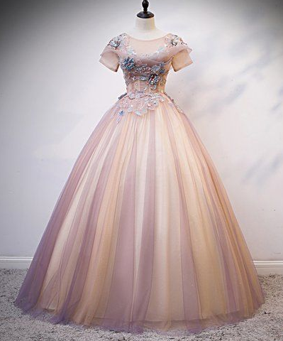 Pink Tulle Round Neck Sequins Long Formal Prom Dress With Sleeve cg5576