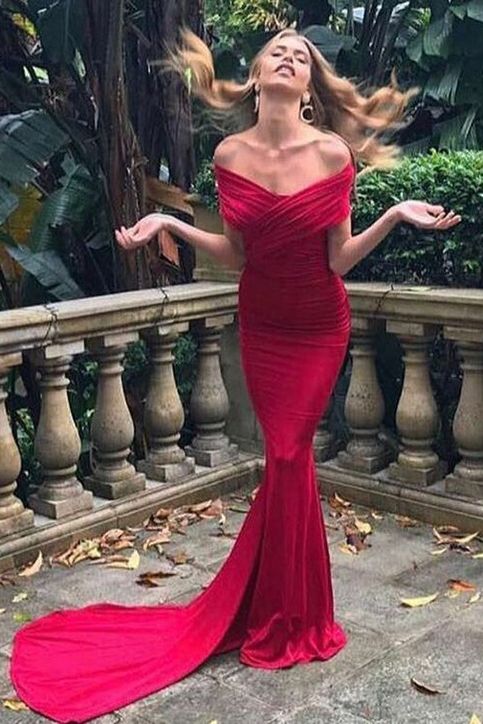 Meerjungfrau-Ballkleider, schulterfreies Ballkleid, gerüschtes Ballkleid, rotes Ballkleid, Spandex-Ballkleider cg5585
