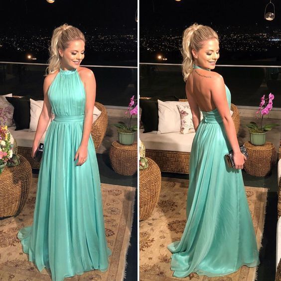 Sexy Halter Green Backless A Line Prom Dress, Chiffon Long Evening Party Gown cg5593