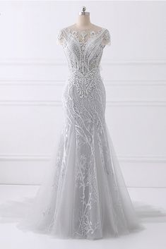 Frühlingsgraues langes Meerjungfrau-Ballkleid aus Tüll, Abendkleid mit Perlenspitze cg5628