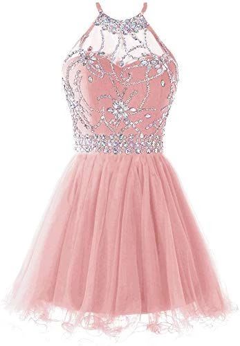 Damen Neckholder Kurzes Homecoming-Kleid Perlenbesetztes Tüllkleid cg5632