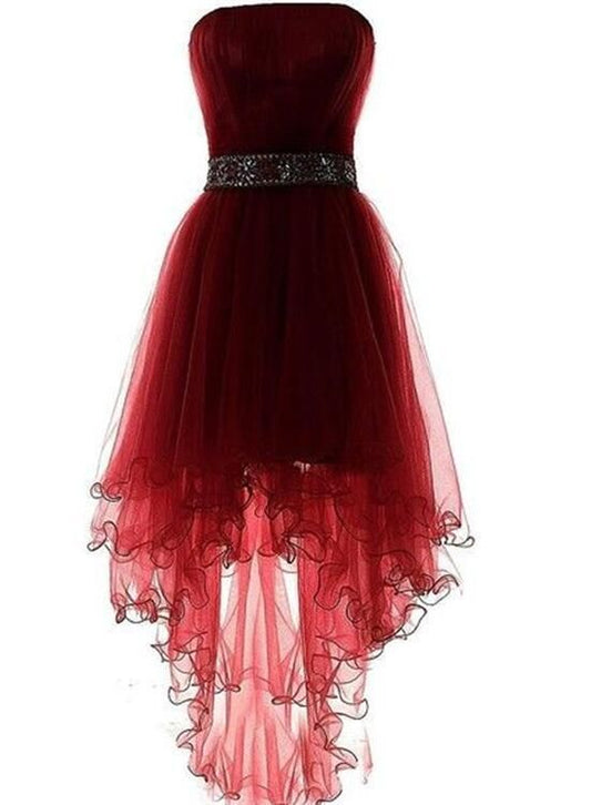 Weinrotes Homecoming-Kleid, Burgunderrotes High Low Partykleid mit Perlenbesatz cg5639