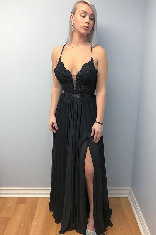 Langes schwarzes Ballkleid mit überkreuztem Schlitz vorne und Spitzenoberteil, Abendkleid cg5663