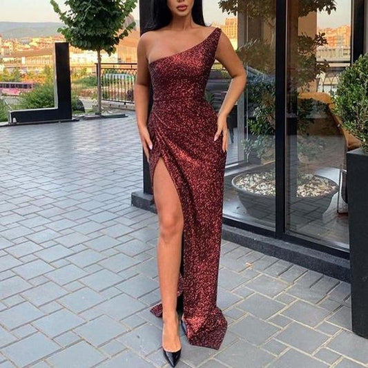 Sexy schräge Schultern, ärmellos, Schlitz, glänzend, bodenlang, Ballkleid cg5664