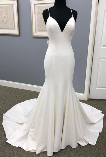 Elfenbeinfarbenes Satin-Spaghettiträger-Brautkleid mit offenem Rücken und süßer Schleppe, formelles Ballkleid cg5690