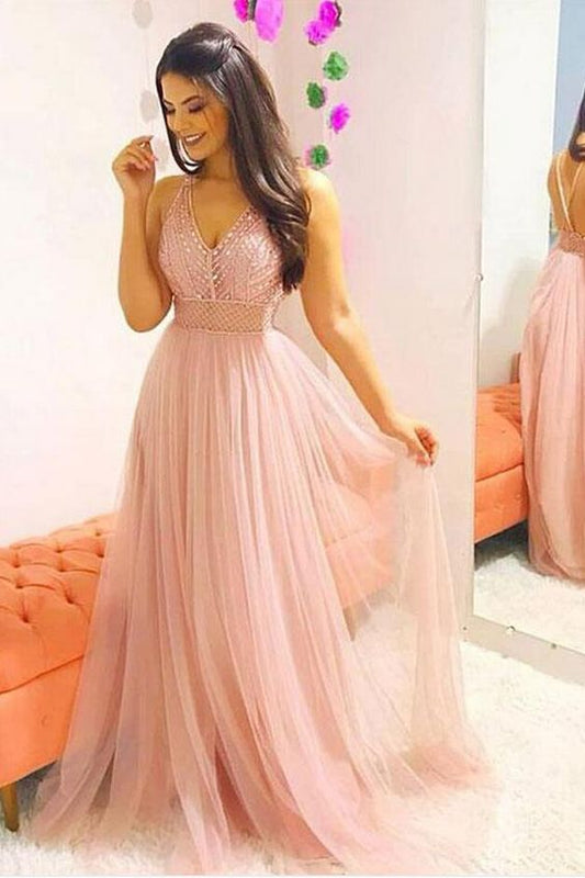 Rosafarbenes langes Ballkleid aus Tüll mit V-Ausschnitt und Perlen, rosafarbenes Abendkleid cg5701